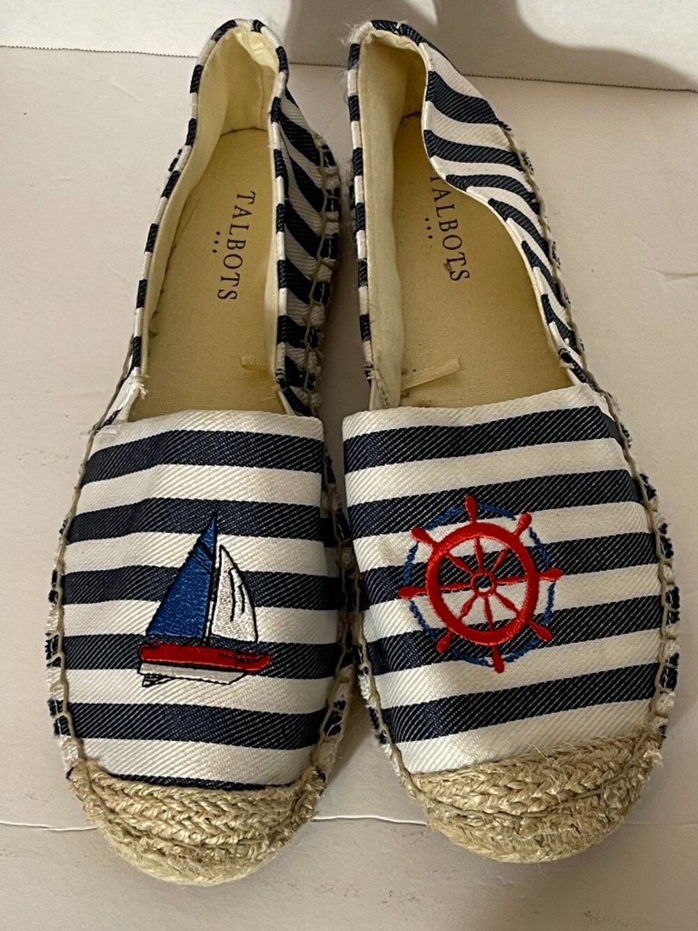 Talbots Nautical Flats Espadrilles Navy/White Sailboat & Ship Wheel 9M
